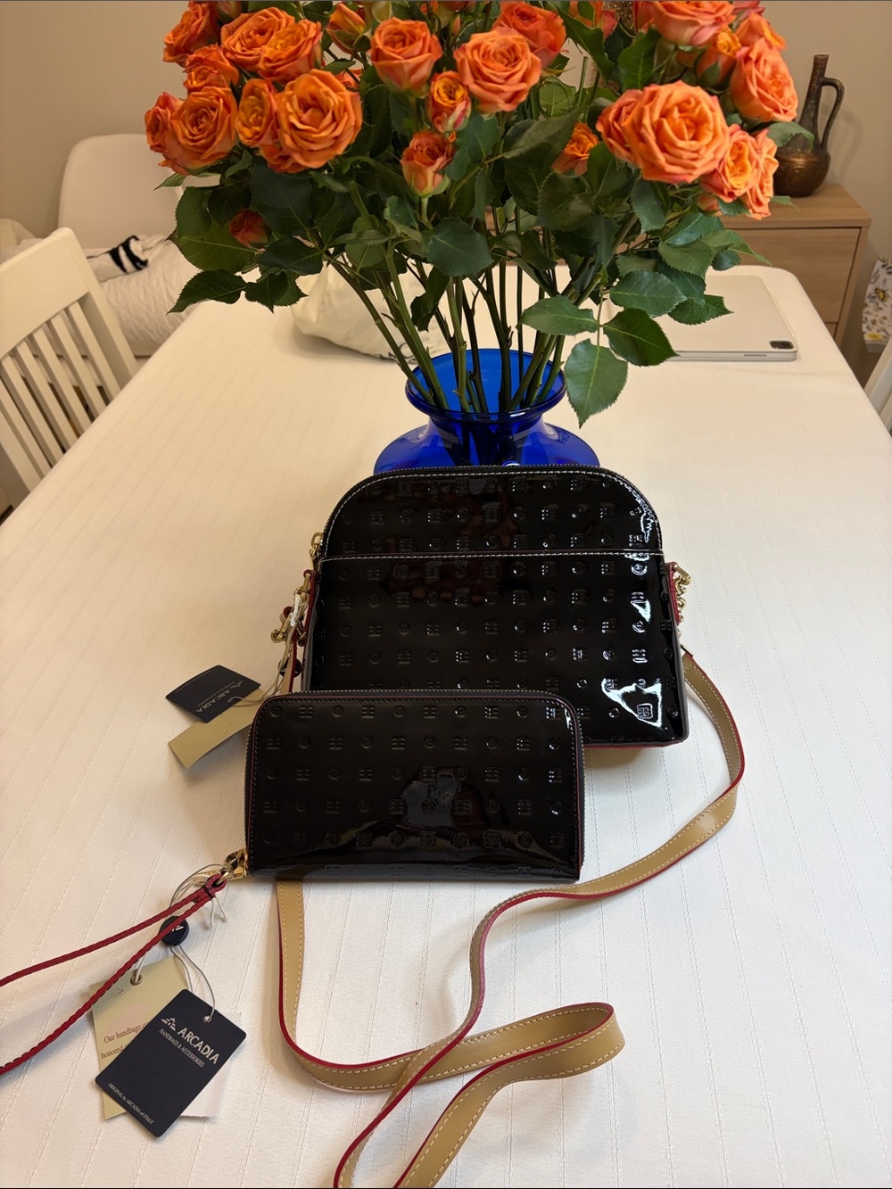 Arcadia Black Patent Crossbody Bag with Matching Wallet